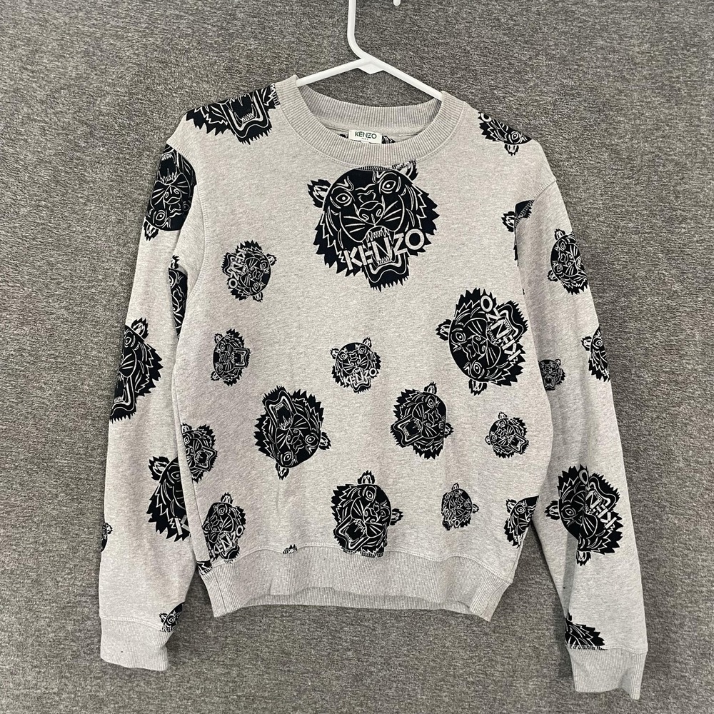 Kenzo Paris Sweatshirt Mens Small Gray Tiger Allover Graphic Crewneck Pullover